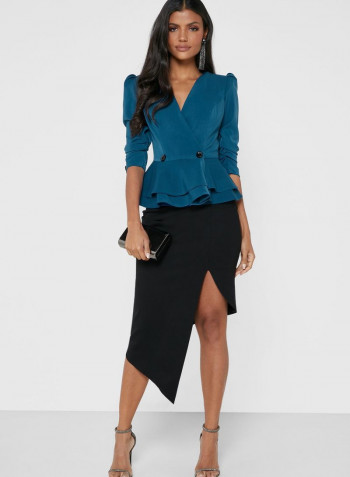 Button Detailed Peplum Blazer Blue