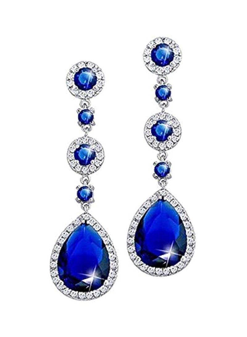 Silver Plated Brass Simulated Sapphire And Cubic Zirconia Studded Teardrop Earrings