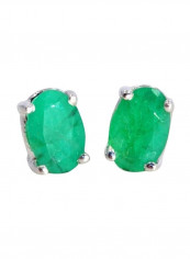 925 Sterling Silver Rhodium Finish Oval Stud Earrings With Emerald