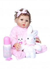 Reborn Realistic Baby Doll with Curly Hair and Rabbit Jumpsuit 18.5inch