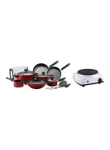 15-Piece Cookware Set with Single Hot Plate Red/Black/White Casserole 1x26, Casserole 1x20, Saucepan 1x14, Milk Pan 1x14, Frying Pan 1x26, Frying Pan 1x22, Wok 1x26cm