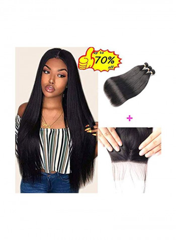 3-Bundle Wavy Hair Extension Set With Closure Natural Black