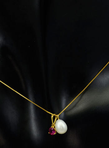 18 Karat Solid Yellow Gold Zircon With 7 mm Pearl Pendant Necklace
