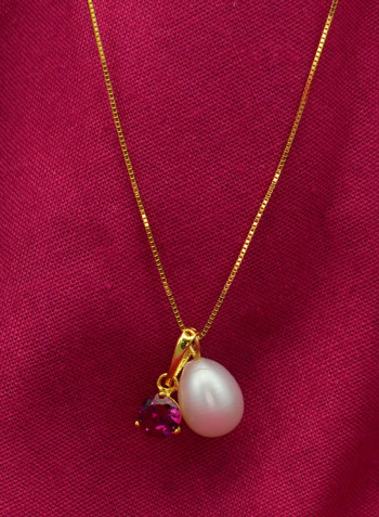 18 Karat Solid Yellow Gold Zircon With 7 mm Pearl Pendant Necklace