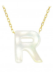 18 Karat Gold R Letter Mother Of Pearl Pendant Necklace