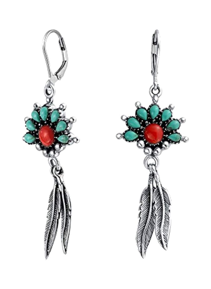 925 Sterling Silver Turquoise Coral Studded Feather Lever Dangle Earrings