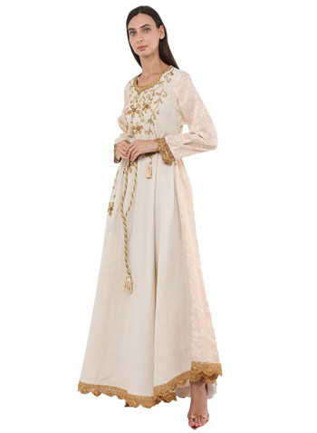 Floral Embroidered and Rope Belted Jalabiya Beige/Gold