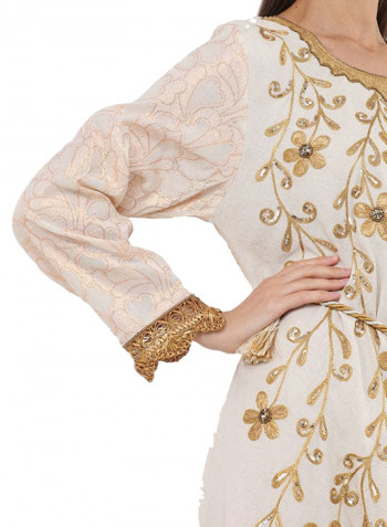 Floral Embroidered and Rope Belted Jalabiya Beige/Gold