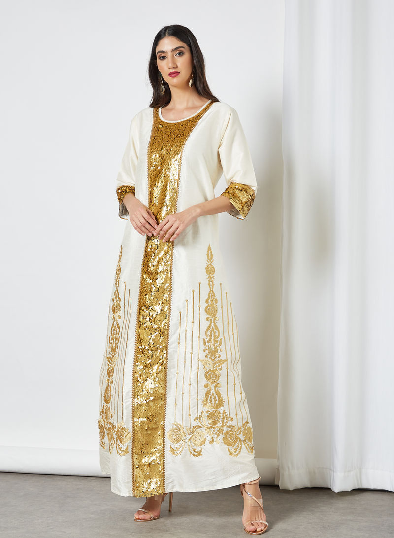 Embroidered Stylish Jalabiya White/Gold