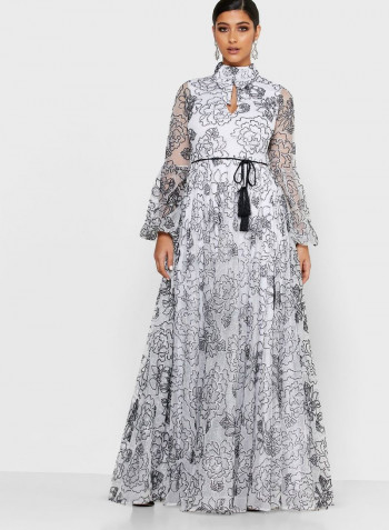 Floral Printed Metallic Maxi Dress White/Black
