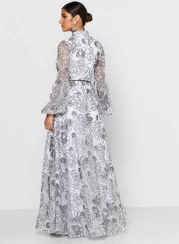 Floral Printed Metallic Maxi Dress White/Black