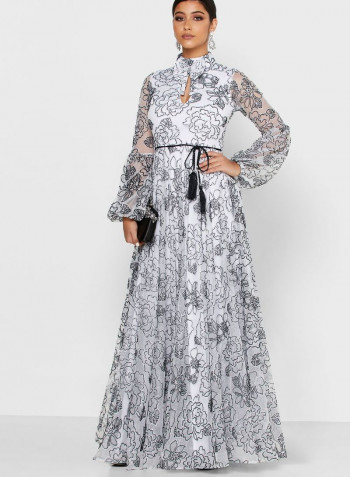 Floral Printed Metallic Maxi Dress White/Black