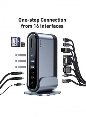 16-In-1 USB Type-C To HDMI/RJ45/USB 3.0/SD/TF/PC/PD Hub Converter Grey/Black