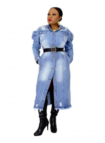 Jessica Distressed Design Belted Denim Coat Blue