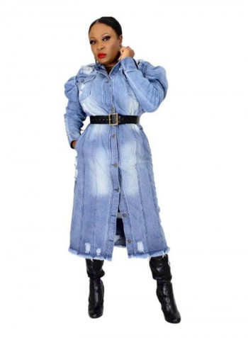 Jessica Distressed Design Belted Denim Coat Blue