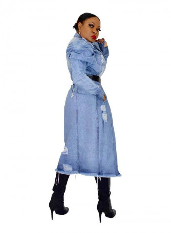 Jessica Distressed Design Belted Denim Coat Blue
