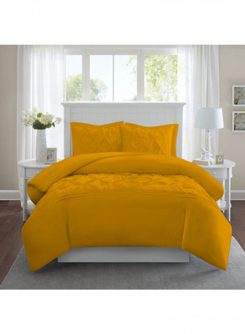 3 Piece Designer Square Pattern Tufted Hotel Duvet Set Solid Cotton Gold 102x86inch