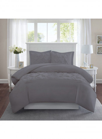 3 Piece Designer Square Pattern Tufted Hotel Duvet Set Solid Cotton Grey 86x90inch