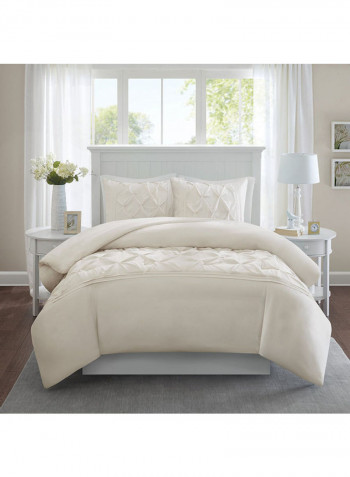 Designer Square Pattern Tufted 3 PCs Hotel Duvet Set Solid Cotton Ivory 114x96inch