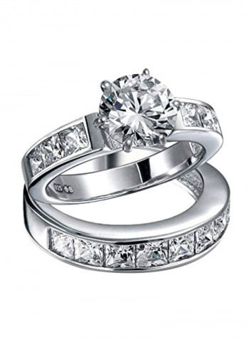 2-Piece 925 Sterling Silver Cubic Zirconia Studded Wedding Band Ring Set