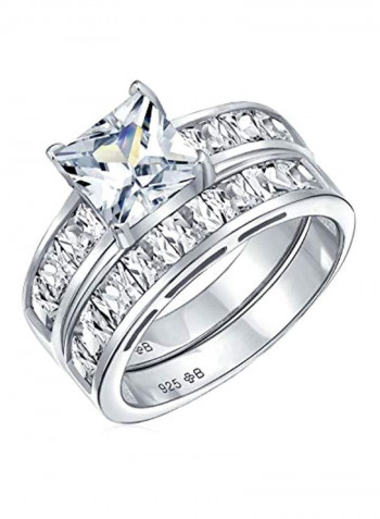 2-Piece 925 Sterling Silver Cubic Zirconia Studded Wedding Band Ring Set