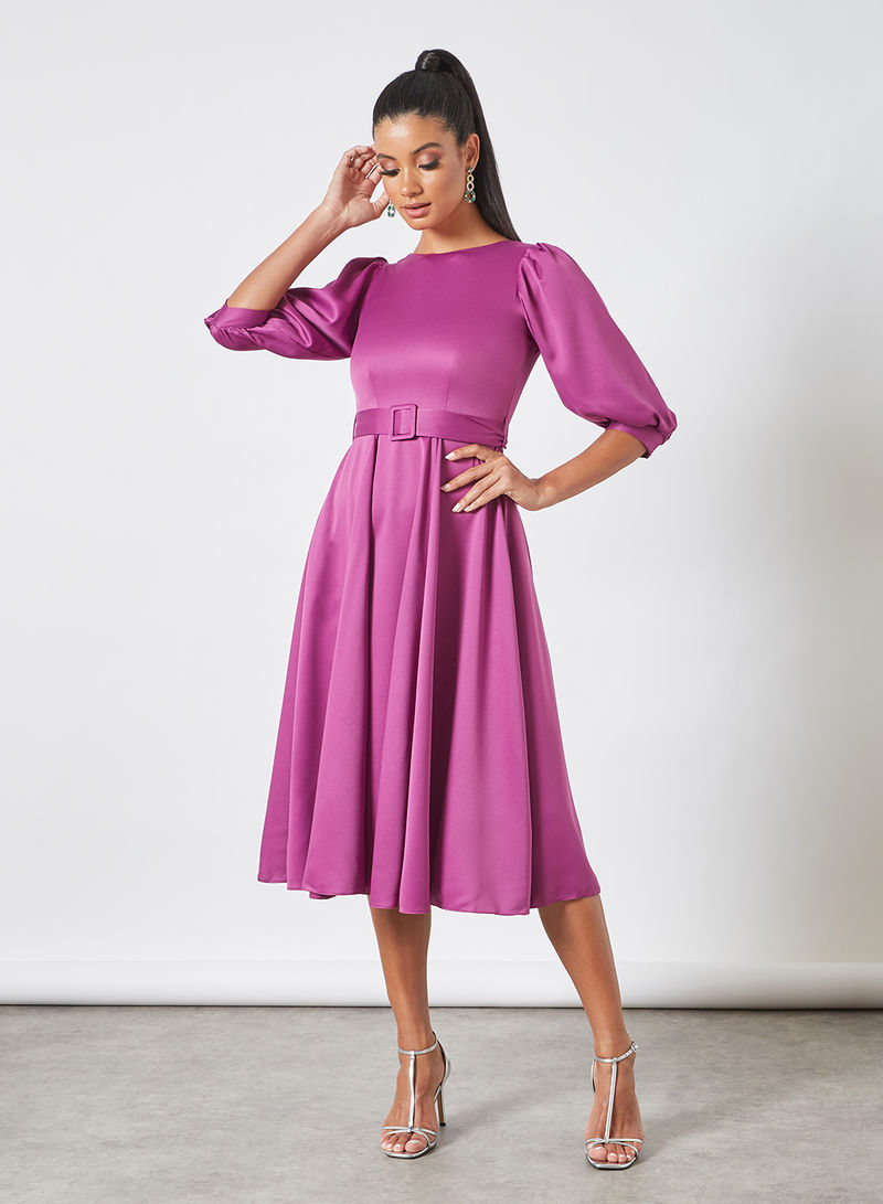 Belted Puff Sleeve Dress Purple