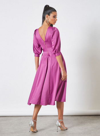 Belted Puff Sleeve Dress Purple