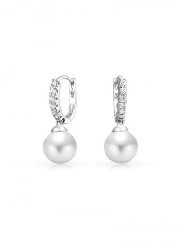 925 Sterling Silver Pearl Drop Ball Huggie Earrings
