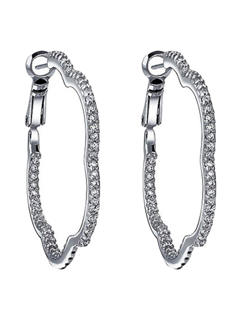 Brass Silver Plated Cubic Zirconia Studded Clover Shaped Hoop Earrings