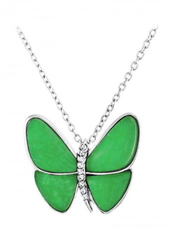 925 Sterling Silver Cubic Zirconia And Jade Studded Butterfly Pendant