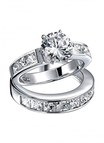 2-Piece 925 Sterling Silver Cubic Zirconia Studded Solitaire Brilliant Cut Ring