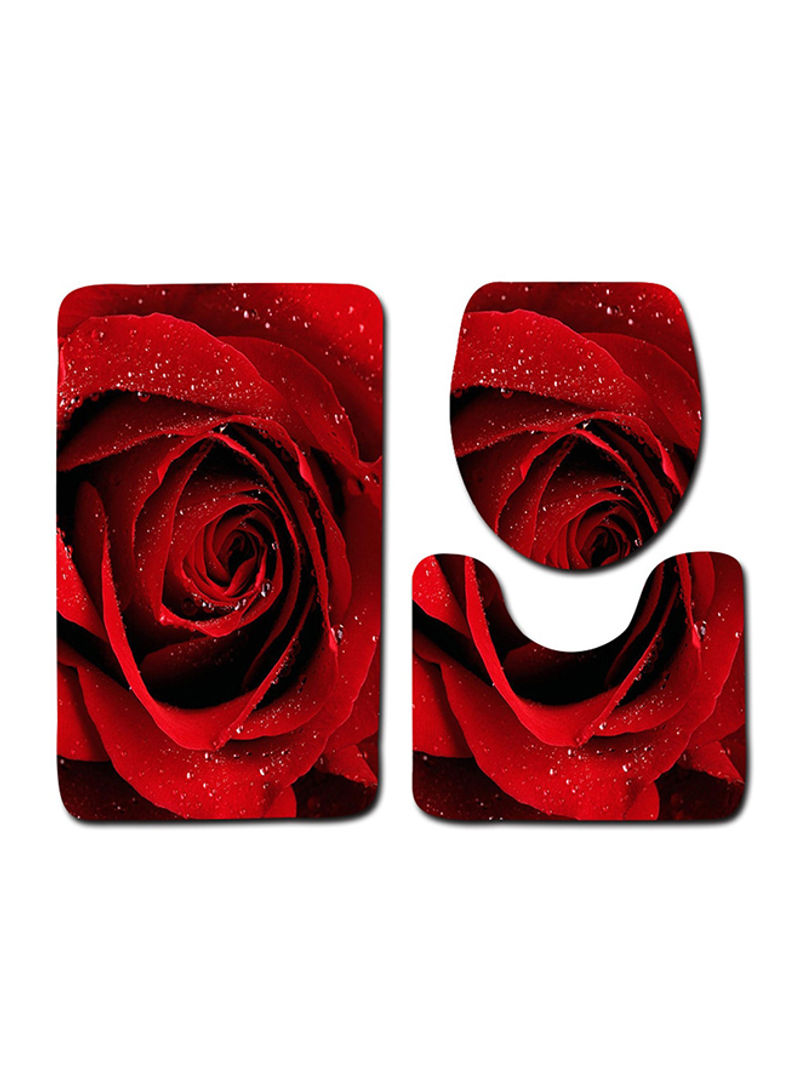 3-Piece 3D Rose Flower Pattern Bathroom Mat Set Red