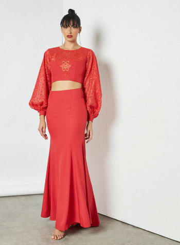Lace Crop Top And Skirt Set Red
