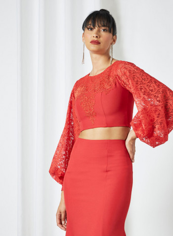 Lace Crop Top And Skirt Set Red