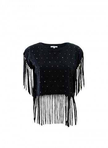 Frill Detail Polka Dot Printed T-Shirt Black