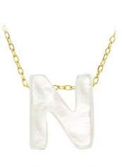 18 Karat Gold N Letter Mother Of Pearl Pendant Necklace
