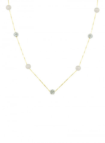 18 Karat Solid Yellow Gold With 5-6 mm Pearls And Crystal Balls Chain Necklace