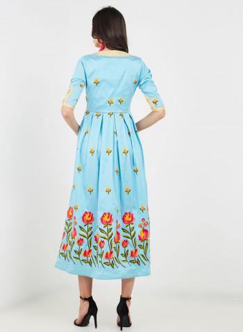 Floral Embroidered Design Short Sleeve Dress Blue/Red
