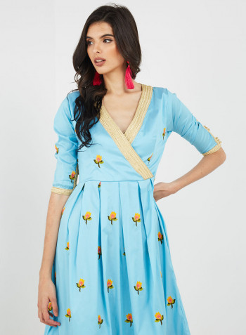 Floral Embroidered Design Short Sleeve Dress Blue/Red