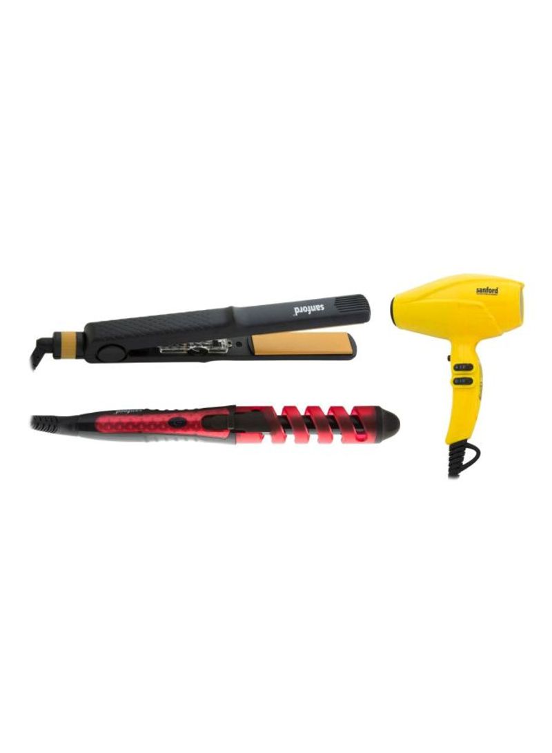 3-In-1 Hair Straightener, Hair Curler, Hair Dryer Set Yellow/Black/Red