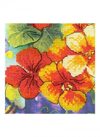 14-Piece Garden Watering Can Stamped Cross Stitch Kit Blue/Yellow/Red