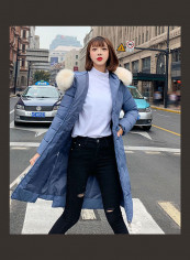 Winter Hooded Wool Collar Jacket for Women Smoky Blue