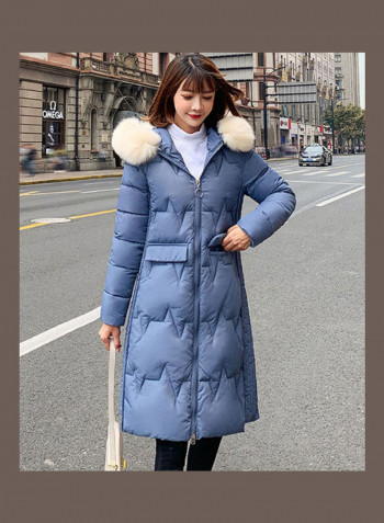 Winter Hooded Wool Collar Jacket for Women Smoky Blue