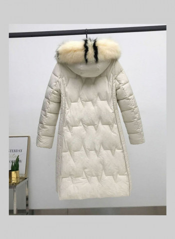 Winter Hooded Wool Collar Jacket for Women White