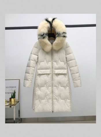 Winter Hooded Wool Collar Jacket for Women White