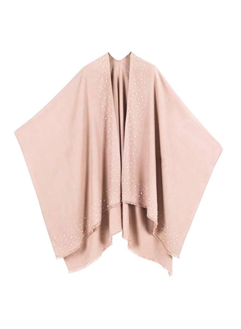 Pearl Studded Open Front Poncho Shawl Pink/White