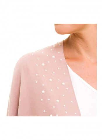 Pearl Studded Open Front Poncho Shawl Pink/White