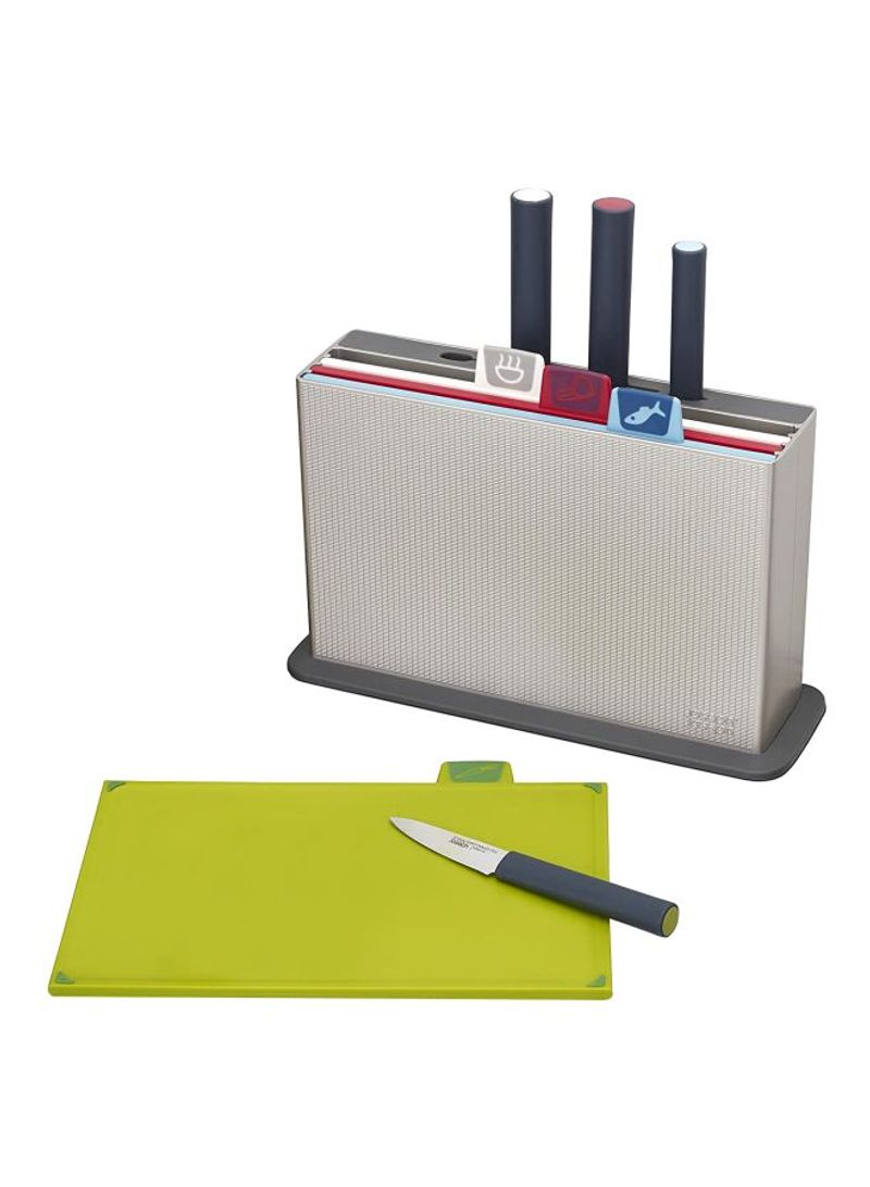 Index Chopping Board Knives Set Multicolour Chef's Knife 1x7, Paring Knife 1x3.5, All-Purpose Knife 1x6.5, Fish Knife 1x5, Board 1x(12x8), Case 1x(13.25x9.25x4)inch