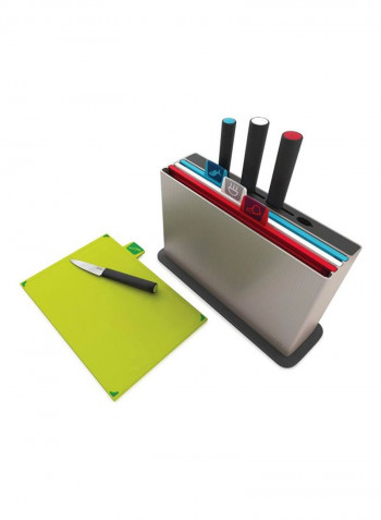 Index Chopping Board Knives Set Multicolour Chef's Knife 1x7, Paring Knife 1x3.5, All-Purpose Knife 1x6.5, Fish Knife 1x5, Board 1x(12x8), Case 1x(13.25x9.25x4)inch