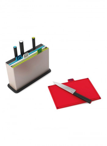 Index Chopping Board Knives Set Multicolour Chef's Knife 1x7, Paring Knife 1x3.5, All-Purpose Knife 1x6.5, Fish Knife 1x5, Board 1x(12x8), Case 1x(13.25x9.25x4)inch